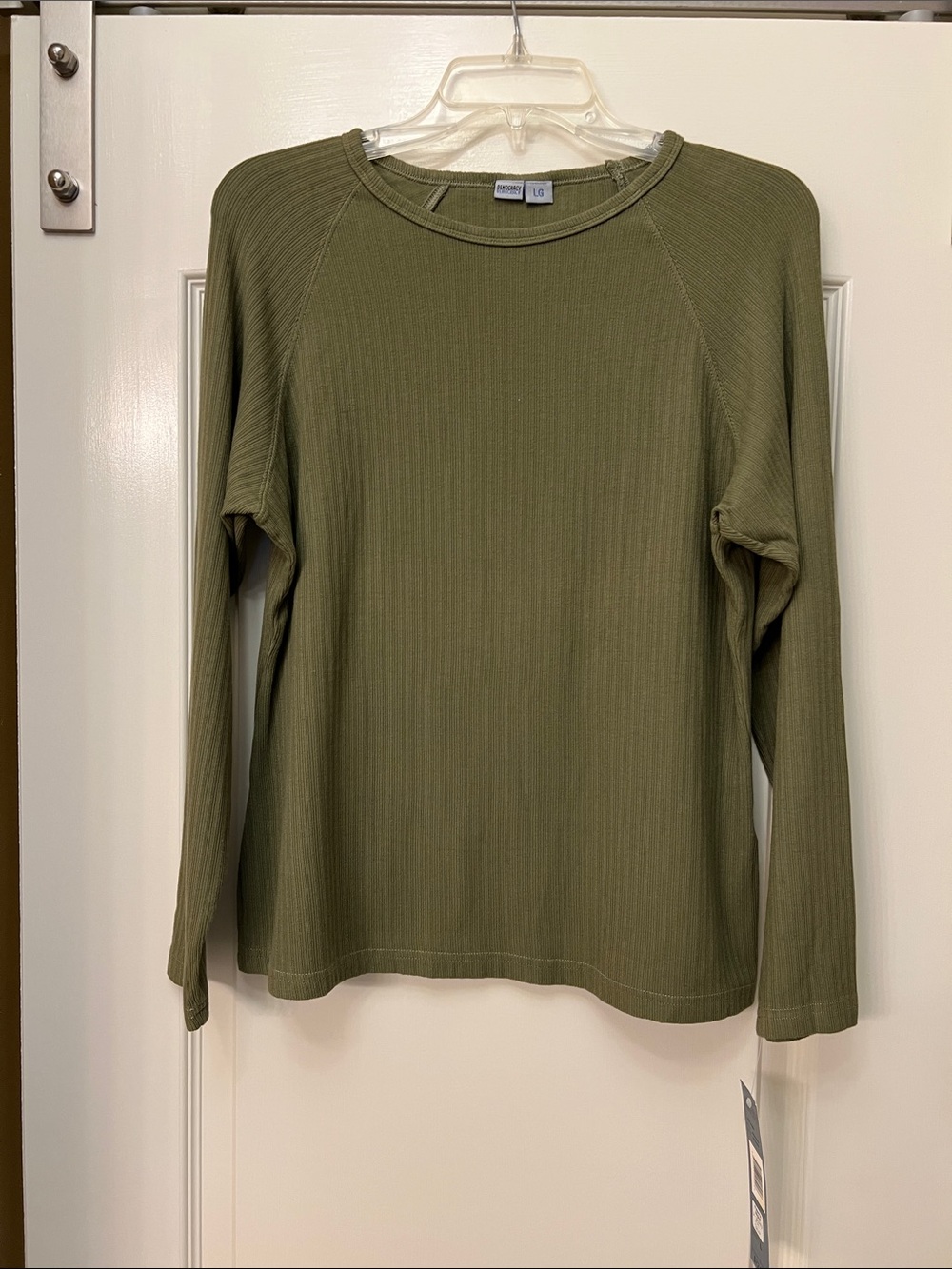 Democracy Olive Green Crew Neck Ribbed Long-Sleeve Top